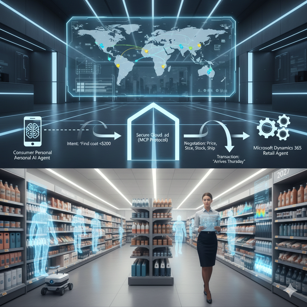 A 2027 premium retail store environment showing a manager using an AR tablet with digital overlays of autonomous AI agents performing shelf-scanning and customer heat-map analysis for human-AI collaboration.