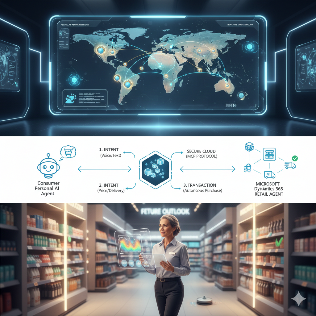A high-tech AI Agentic Retail Command Center dashboard in 2026 showing a global supply chain map with glowing autonomous nodes and real-time logistics data, reflecting Microsoft Dynamics 365's agentic AI vision.