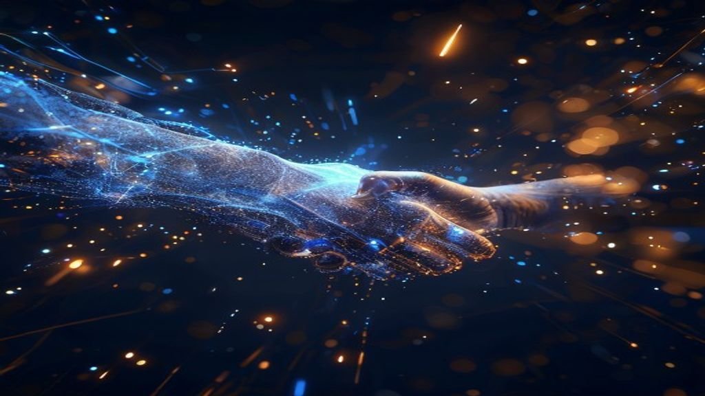 Two AI entities exchanging holographic data manifest