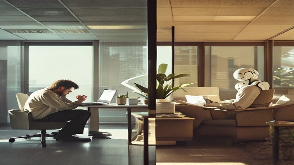 Split screen comparison of frustrated office worker versus relaxed worker with AI agent completing tasks