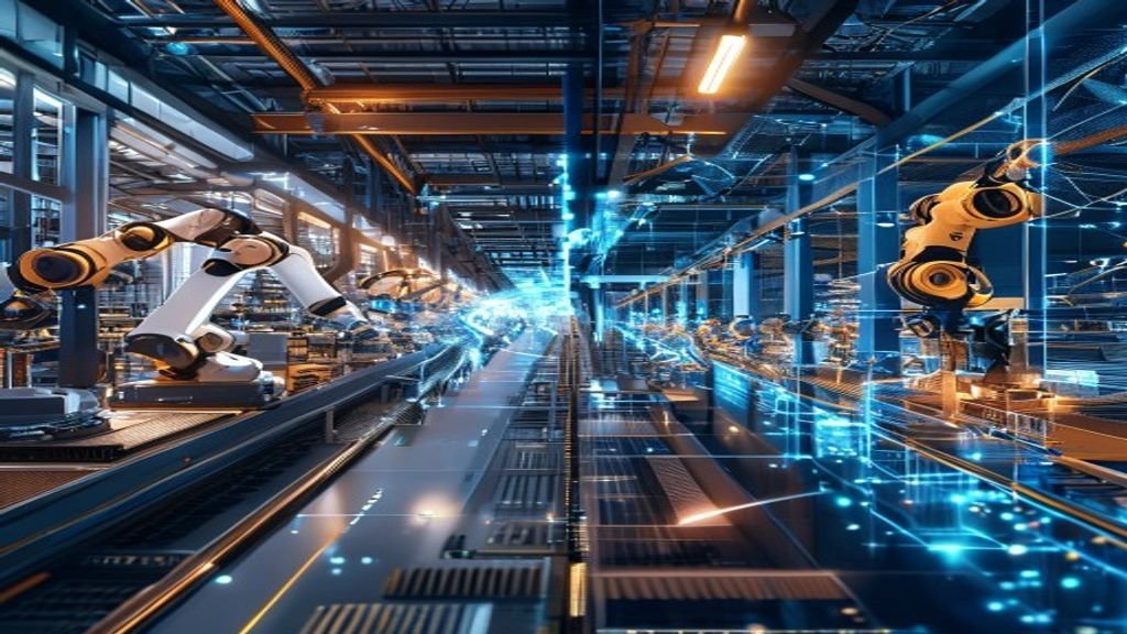 Split composition of automated factory floor transitioning to AI neural network patterns representing manufacturing AI