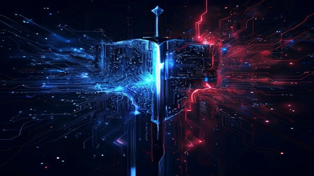 Shield and sword representing dual nature of AI in cybersecurity offense and defense