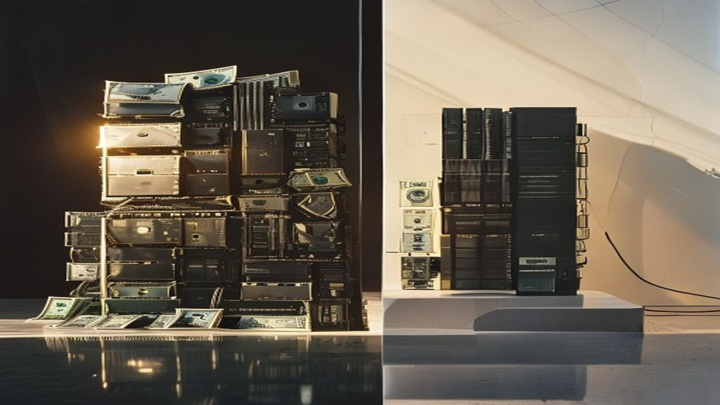 Visual metaphor contrasting expensive GPU stacks with efficient custom AI silicon chip