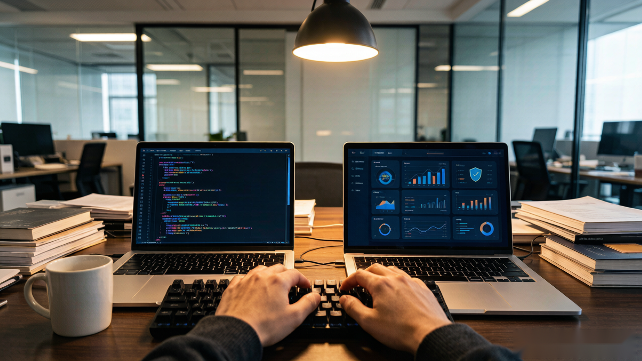 Two identical laptops side by side on a developer's desk in a Shenzhen startup office, left screen showing colorful open-source code with community contribution badges labeled in Chinese, right screen showing polished enterprise dashboard with security shields and compliance icons, developer's hands reaching for mechanical keyboard between them, warm desk lamp, Huawei MateBook visible — contrasting openJiuwen open-source vs AgentArts enterprise platforms
